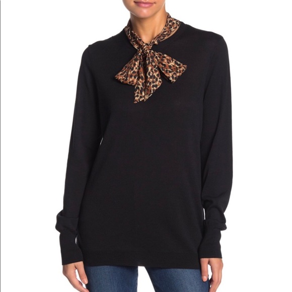 14th & Union Black Leopard Print Pussybow Tie Crew Neck Pullover Sweater - Picture 1 of 4